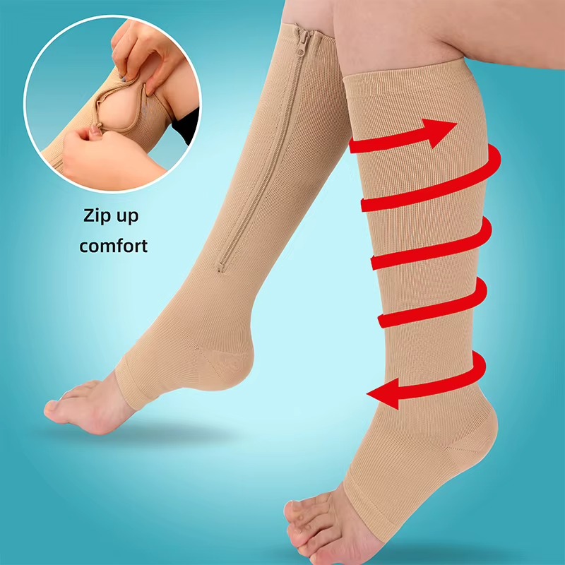 Zipper Pressure Compression Socks – Open Toe, Easy-Zip Design, Graduated Support
